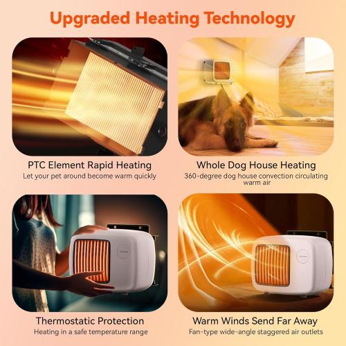 White Dreyoo Dog House Heater with Thermostat, Pet House Heater with 6FT Anti Chew Cord and Safe Overheat Protection, 2 Heating Mode (200/400W) Pet House Furnace for Dogs Chicken Coops Rabbits(White,1 Pcs)