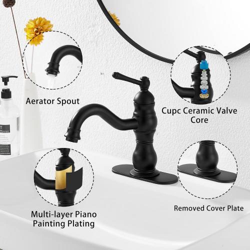 Matte Black Bathroom Faucet GGStudy 360° Swivel Bathroom Vanity Faucet Single Handle One Hole Black Bathroom Sink Faucet Basin Matching Pop Up Drain with Overflow