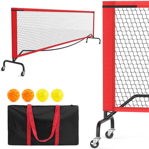 Portable Pickleball Net with Wheels, 22 FT Regulation Size/11 FT Half Court, Weather Resistant Metal Frame and Strong PE Net with Carry Bag and Pickleballs, for Driveway Garages - Black Red