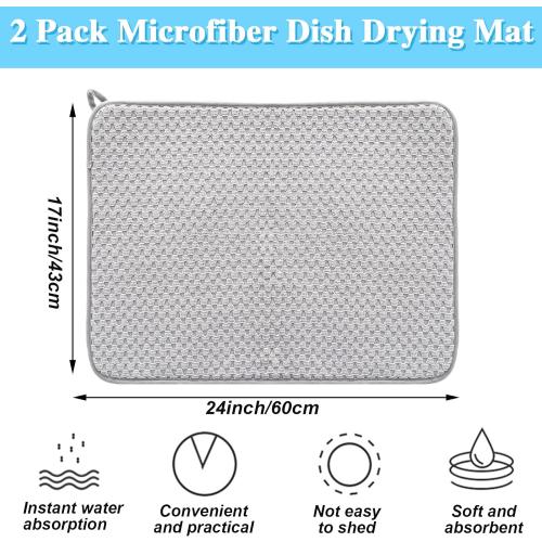 2 Pack Microfiber Dish Drying Mat,24*17 inch Absorbent Dish Drainer Kitchen Counter,Large Size Dish Drying Pad for Countertops,Sinks,Draining Racks(Gray)