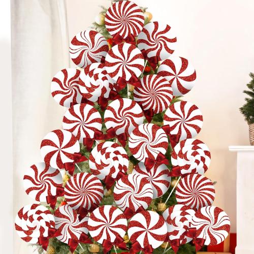 24 Pcs Large Christmas Decorations Indoor: Red White Peppermint Lollipop Christmas Tree Picks Swirl Lollipop Decorations for Xmas Tree Topper Home Office Party Vase Decor