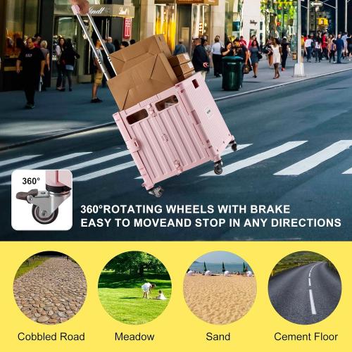 MACOPRO Folding Utility Cart Portable Rolling Crate Handcart Shopping Trolley Collapsible Tool Box, with Lid, Basket on 4 Rotate Wheels, for Grocery, Shopping, Office, Teacher (Pink)