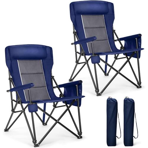 ALPHA CAMP Oversized Folding Camping Chairs High Backrest Heavy Duty Lawn Chairs for Adults Support 500 LBS Portable Camp Chairs with Cup Holders Large Side Pocket Outdoor Chair 2 Pack