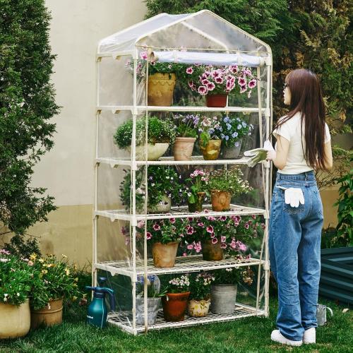 Beige Garden 50% Extra Wide Mini Greenhouse 5 Tier Portable Plant Green House 40 in Wide -Sturdy Gardening Shelves with PE Cover & Roll-Up Zipper Door-19″W. x 40″L. x63″H(PLGH1005OWP)