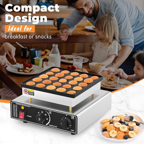 Size 25 Mini Pancake Maker, 25 Hole Mini Pancake Griddle, Commercial Non-Stick Dutch Pancake Maker with Temperature and Time Control for Breakfast, Desserts, Snacks and More