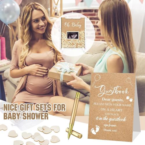 Thyle 65 Pcs Baby Shower Guest Book Alternative He or She Gender Reveal Baby Shower Favors Baby Shower Sign in Guest Book with 60 Wooden Hearts Baby Shower Picture Frame Birthday Decor(Kraft)