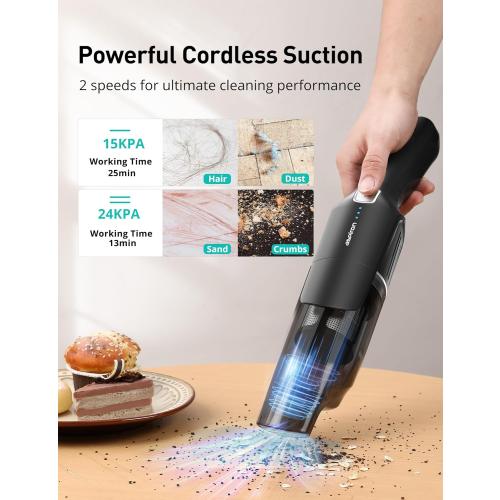 Aspiron Cordless Handheld Vacuum, 24KPA Powerful Car Vacuum, 2-Speed, 2 Charging Methods, Wireless Charger, Ergonomic Handle, Portable Rechargeable Vacuum Cleaner for Car, Home, Black Grey
