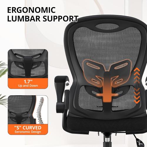 Black Office Chair, Ergonomic Desk Chair Breathable Mesh Chair with Adjustable High Back Lumbar Support Flip-up Armrests, Long Hours Comfortable Computer Chair for Home Office, Black