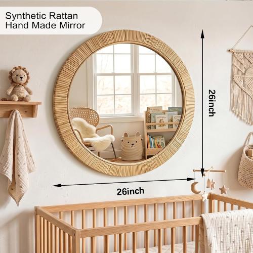 26x26 inch Large Round Rattan Mirror for Wall, Boho Decorative Wicker Mirror Waterproof Synthetic Rattan Frame, for Bathroom, Bedroom, Living Room, Entryway