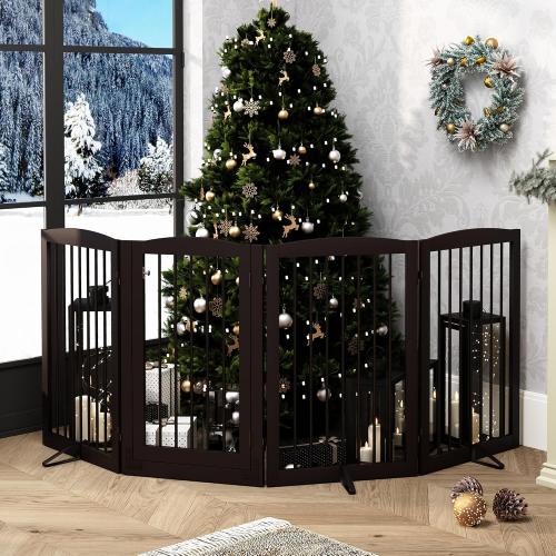 Freestanding Dog Gates with Door Walk Through, 80 inch Wide Gates Indoor, Dog Fences Indoor, Support Feet Included, 4 Panels, 32 Tall, Dark Brown