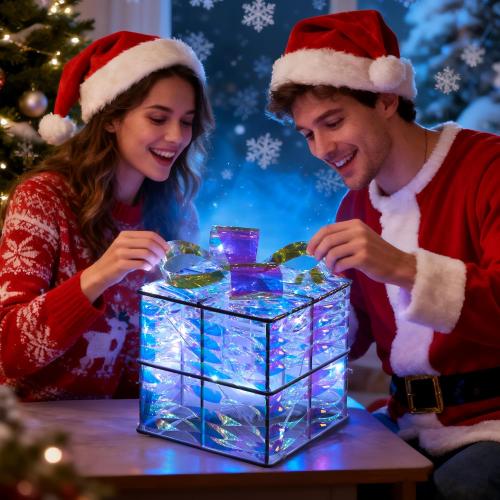 JOIEDOMI Christmas Lighted Gift Boxes, Light Up Christmas Decorations Set of 3 Iridescent Present Boxes, Xmas Boxe Light with LED Cool White for Indoor Porch Patio Holiday Xmas Eve Night Décor