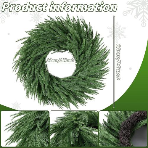 24 inch Norfolk Pine Wreath, Realistic Christmas Wreath for Front Door,Artificial Real Touch Green Wreath Greenery for Door Wall Windows Mantle Outdoor Christmas Decoration