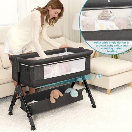BCOL Baby Bassinet, Bedside Bassinet for Baby, 3 in 1 Bassinet Bedside Sleeper with Wheels, Mosquito Net, Adjustable Easy Folding Portable Bed for Infant Newborn (Dark Grey)