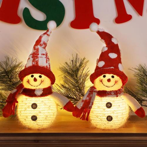 Juegoal 2 Pack Christmas Table Decorations, 10 Inch Lighted Snowmen Figurines, Light Up Snowman Holiday Present, Battery Operated Xmas Gifts Tabletop Ornaments Dinner Party Supplies, Red Brim