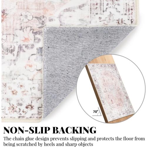 MUJOO Pink Rug 3x5 Washable,Boho Area Rugs Small Non Slip Low-Pile Floral | Machine Washable Throw Carpet for Entryway Bedroom Bedside Kitchen Hallway Living Room Soft Indoor Flowers Light Blush