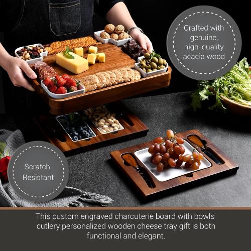 Upgraded Acacia Cheese Board Set, Square Shaped Charcuterie Set, Cheese Platter, Handcrafted Design and Stainless Steel Cutlery Set - Gift for Any Occasion No Engraving