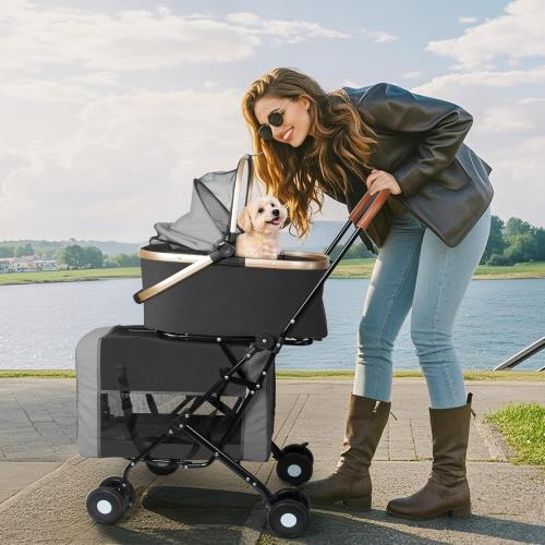 Double Pet Stroller for Dogs and Cats: Dog Stroller Foldable Travel Carriage with Detachable Carriers, Safety Belts, and 4 Lockable Wheels for Small to Medium Pets – Ideal for Multi-Pet Homes (Black)