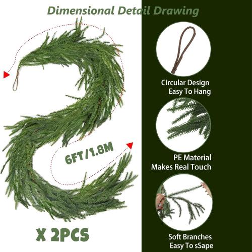 6FT Artificial Norfolk Pine Garlands for Christmas Decorations,Real Touch 2 PCS Winter Faux Greenery Garlands for Mantel Table Stair Fireplace Wall Holiday Indoor Outdoor Decor