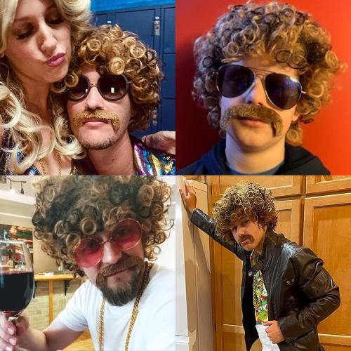 Disco Wig 5Pcs Set (Wig  Glasses  Necklace  Mustache  Wig Cap) 70'S Costumes Wig Afro Wig Men Short Curly Natural Fluffy Synthetic hair Wig for Halloween Disco Party