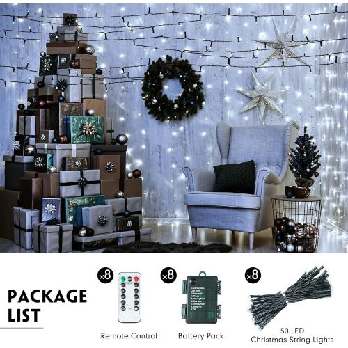 Tuanse 8 Pack Battery Operated Outdoor Christmas Tree String Lights,16.4 ft Mini Light Outdoor Christmas Lights with 50 Led of Dark Green Cable Lighting for Bedroom Garden Yard (White Light)
