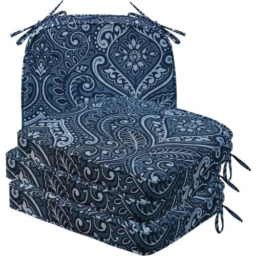 Unimatta Round Corner Seat Cushions, 17 x 16 x 2, Set of 4, Indoor Outdoor Water Repellent Universal Chair Pads with Ties for Patio Furniture, Garden Deck Dining Chairs, Damask Blue Flower