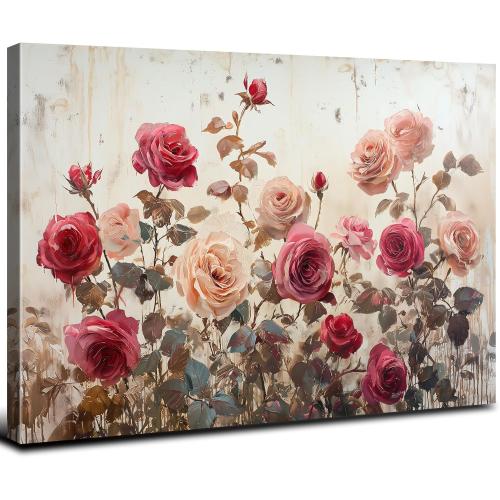 Large Pink Flower Wall Art for Bathroom Decor Vintage Floral Canvas Pictures Farmhouse Wildflower Painting Poster Modern Aesthetic Artwork Nature Botanical Canvas Prints for Bedroom Home Decorations 24x36