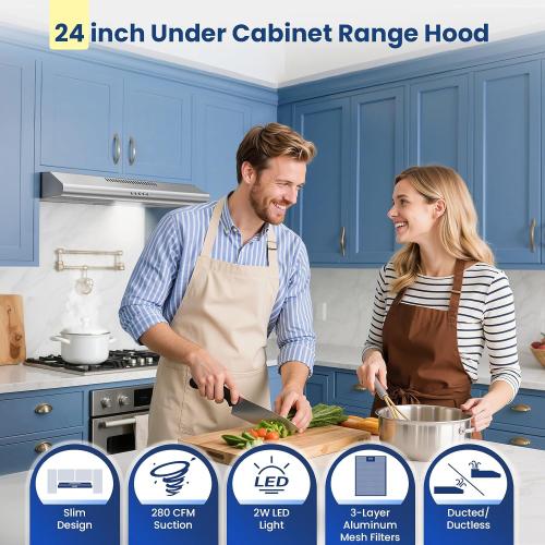 24 inch Range Hood Under Cabinet, Stainless Steel Range Hood 280CFM, Slim Kitchen Stove Hood w/Push Button, Ducted/Ductless Convertible, 3 Speeds Exhaust Fan, LED Light and Carbon Filter