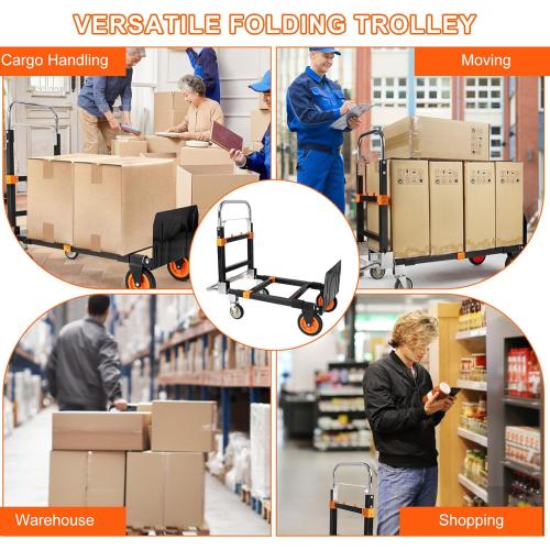 3 in 1 Folding Hand Truck Dolly, 660lb Capacity Convertible Hand Truck Dolly Cart Heavy Duty Foldable Trolley with Rubber Wheels & Retractable Handle, Collapsible Platform Truck for Moving Heavy Items