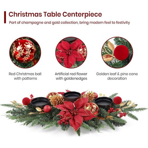 Alupssuc 28 Christmas Centerpiece with 3 Candle Holders Trays,Dining Table Decoration with Baubles, Pine Cones, Red Berries, Spruce Branches, Flower for Indoor Home Party Table Holiday Decor, 2 Pcs