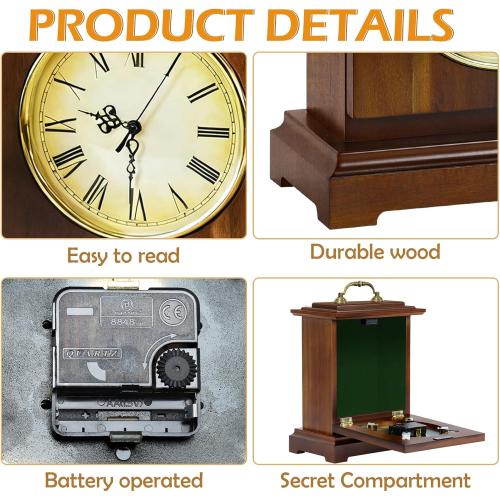 Shinoske Mantel Clock Battery Operated with Hidden Safe,Secret Compartment for Cash,Jewelry,Rings,Watches,Vintage Wooden Small Table Clock for Living Room,Fireplace,Home Decor,Rustic Brown