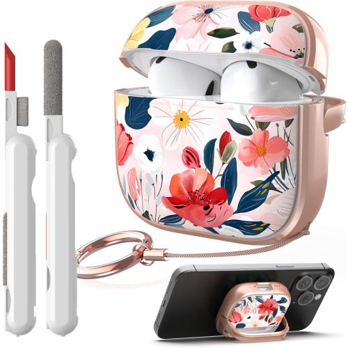 TATOFY Lock Case for Airpods 4 Case, Flowers Hard iPod 4th Cover for Women Girls with Phone Stand Cleaner Kit (Pink, AirPods 4th)