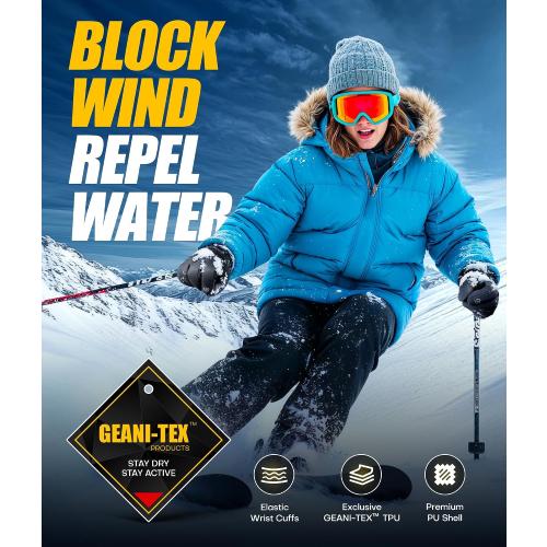 Winter Gloves Men Women Made with 3M Insulation, -20°F GEANI-TEX™ Waterproof Ski Gloves for Cold Weather, 5-Layer Thermal Snow Gloves, 10 Touchscreen Fingers Snowboard Gloves for Cycling, Hiking