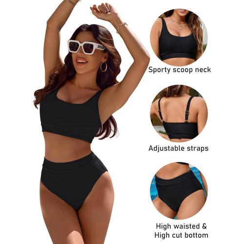 BMJL Women's Large Black High Waisted Bikini Sets Sporty Two Piece Swimsuits Color Block Cheeky High Cut Bathing Suits