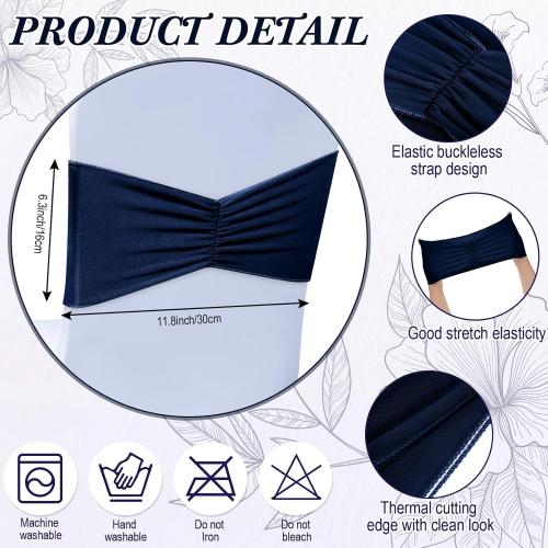 Moukeren 150 Pcs Spandex Chair Sashes Bows Bands Chair Covers Decorations Elastic Ribbon Seat Ties for Wedding Birthday Party Banquet Hotel Events Ceremony(Navy Blue)