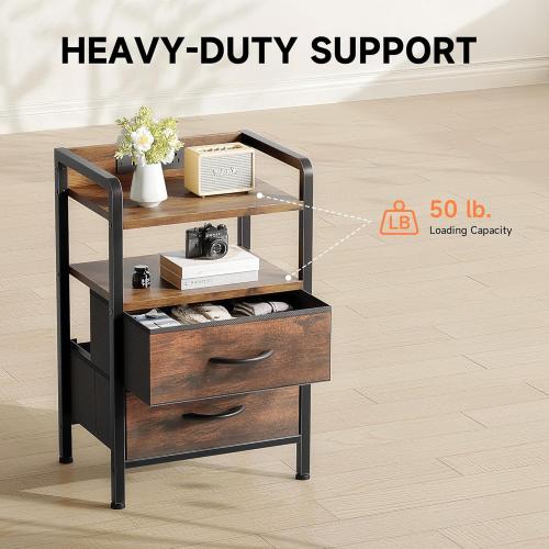 Night Stand Bedside Table Bedroom - Nightstand with Charging Station, Night Stand with LED Light Strip, End Table with U-S-B Ports & AC Outlets, Storage Shelf & 2 Fabric Drawers, Rustic Brown