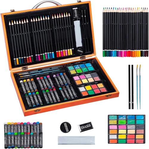 US 80 Piece Deluxe Artist Studio Creativity Set Wood Box Case - Art Painting, Sketching Drawing Set, 24 Watercolor Paint Colors, 24 Oil Pastels, 24 Colored Pencils, 2 Brushes, Starter Kit