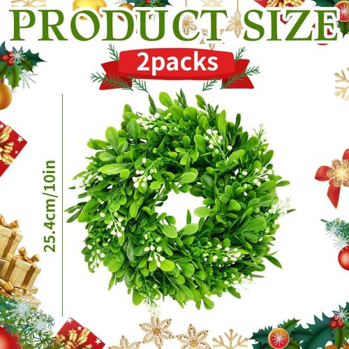 2 Pcs Christmas Boxwood Wreath Artificial 10 Inch Green Leaves for Front Door Cabinets Wreath Indoor Outdoor Wall Decor Christmas Wall Home Kitchen Decoration