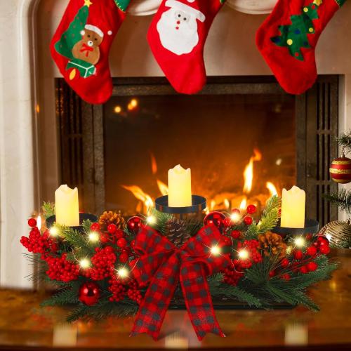 Christmas Centerpiece with 3 Candle Holders 3 LED Candles 1 String Lights Xmas Triple Candelabrum Poinsettia Red Buffalo Plaid Bow Berry Pine Cones with 3 Candle Holders for Tables Home Decorations