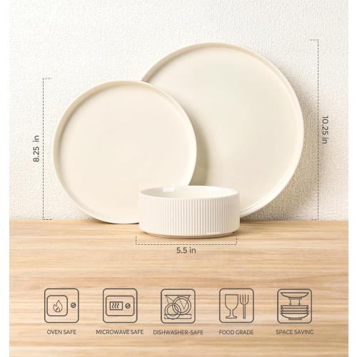 TheTerra Ceramic Dinnerware Sets for 4, 12 Pieces Porcelain Lightweight Plates and Bowls Sets, Scratch Resistant Dish Set, Oven & Microwave & Dishwasher Safe, Beige
