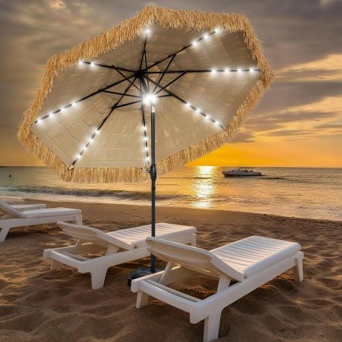 9 FT Solar Thatch Tiki Umbrella, Hawaiian Style Straw Umbrellas with Zinc Alloy Push Button Tilt, UPF 50  Patio Umbrella,Outdoor Umbrella with 32 LED Lights for Beach, Pool,Garden