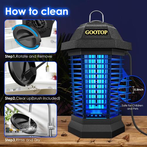 Black Zap T6 Pro GOOTOP Bug Zapper Outdoor, Mosquito Zapper, 3 Prong Plug in Electric Fly Zapper, Mosquito Killer, Fly Traps, Flying Insects Zapper Indoor Outdoor 90-130V, 4200V, ABS Plastic Outer (Black)