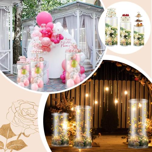 3 Pcs Cylinder Stands for Party, PVC Large Clear Cake Pedestal Stand, Round Reusable Dessert Display Tables for Birthday Wedding Baby Shower Decoration, 35. 4'' H, 29. 5'' H, 23. 6'' H