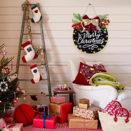 Black Door Sign for Christmas Decorations, Lighted Christmas Wreaths for Front Door, Farmhouse Wooden Hanging Merry Christmas Sign with 30 LED Lights for Indoor Outdoor Porch Wall Window Decor