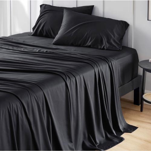 Bedsure Queen Sheets, Rayon Derived from Bamboo, Queen Cooling Sheet Set, Deep Pocket Up to 16, Breathable & Soft Bed Sheets, Hotel Luxury Silky Bedding Sheets & Pillowcases, Black