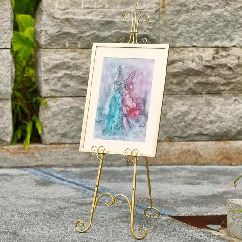 20L x 26.75W x 56.5H Large Easel Stand for Display, Adjustable Heigh Metal Gold Easel Stand with Chain Support, Heavy Duty Easel for Mirror, Sign, Wedding, Picture Frame. (No Installation Required)