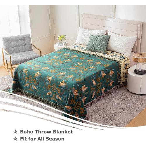 Boho Throw Blanket for Bed 100% Cotton Soft Quilt Lightweight Blanket Bird Floral Embroidery Farmhouse Room Decor Twin Bed Blankets,60×80 All Season Breathable Throw for Sofa&Couch Chair