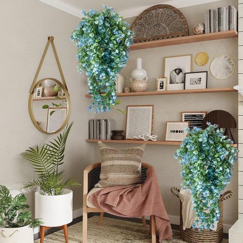 Lakiyfye Vine Plant Fake 4 Pcs Ferns Artificial Plants Large Faux Hanging Plant Artificial Hanging Plants Wall Plants Fake Ivy Room Decor Home Garden Wedding Party Indoor Outdoor Decorations(Blue)