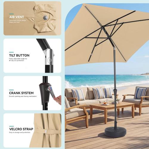 Rectangular Patio Umbrella, 6.5 x 10 ft Rectangle Table Umbrellas w/Heavy Duty Ribs, Effortless Crank and Push Button Tilt, Wind Resistant Sun Umbrella for Outdoor Patio, Beige