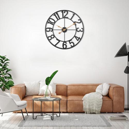 24 Inch Wall Clock for Living Room Decor, Modern Industrial Wall Clocks Battery Operated, Silent Non-Ticking Analog Metal Clock for Dining Room, Bedroom, Home, Office