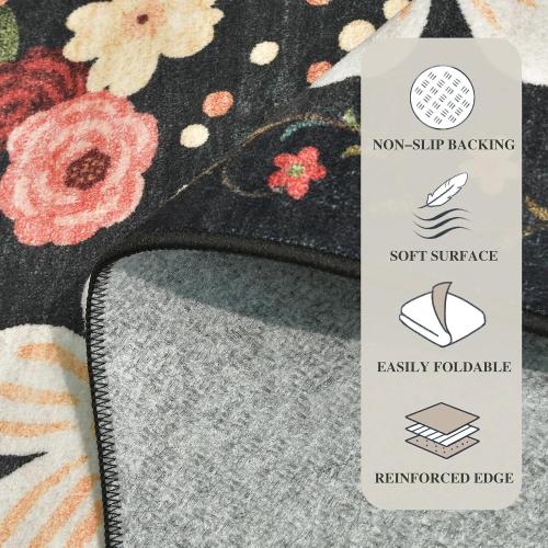 8x10 Washable Area Rug for Living Room, Floral Non-Slip Non-Shedding & Easy Care Black Green Large Soft Low Pile Indoor Floor Carpet for Living Room Bedroom Farmhouse Dining Room Kids Playroom